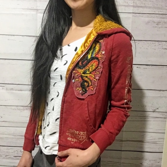 Ed hardy red & gold rhinestone fluffy hoodie - Picture 3 of 8